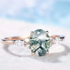 Elegant Moss Agate and CZ Ring 952 with rose gold plating - size 7
